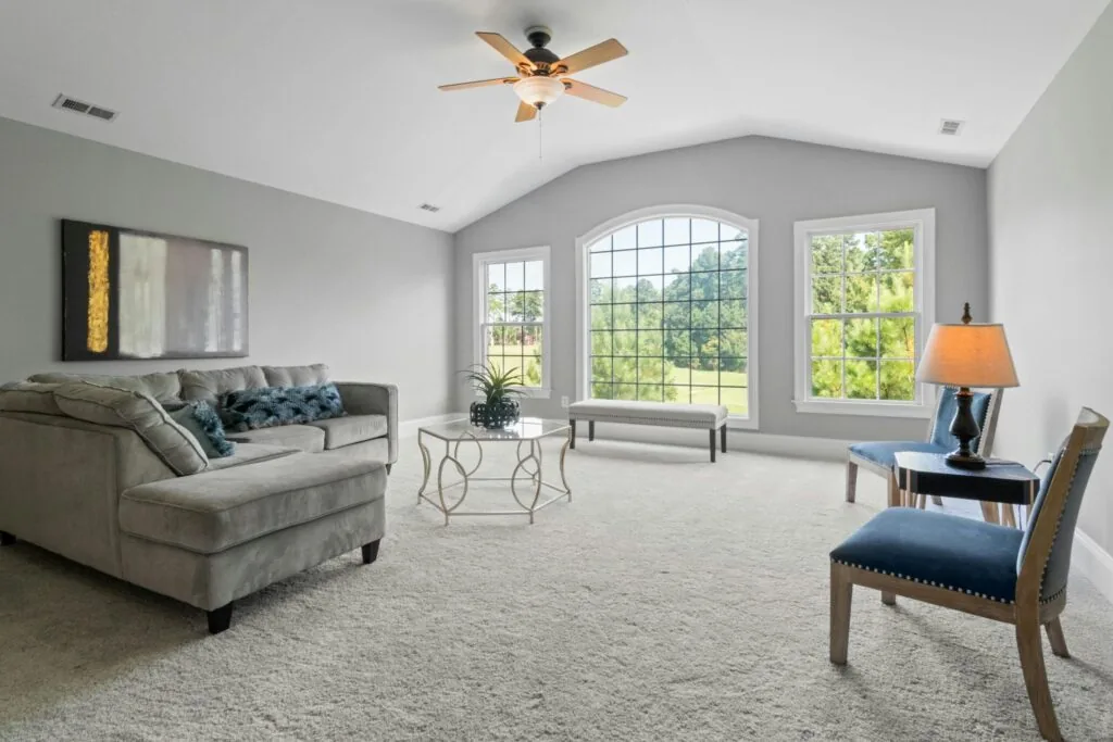 Modern living room with wide-plank luxury vinyl flooring