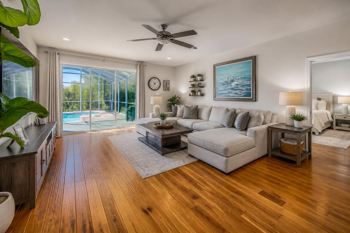 Spacious living room with new hardwood flooring
