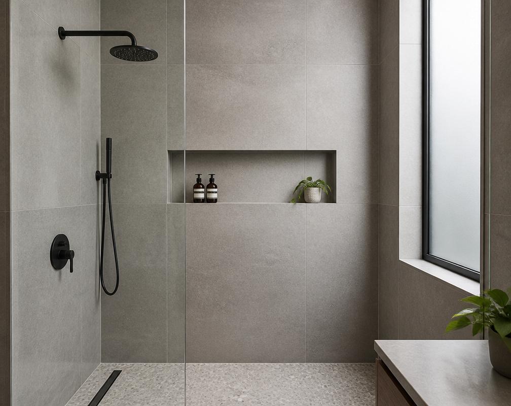 Modern porcelain tile shower with matte black fixtures