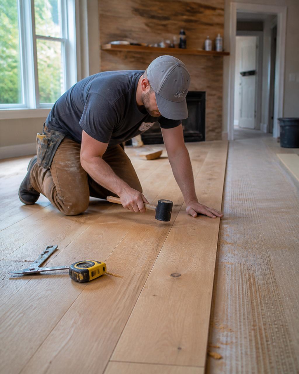 Craftsman carefully installing quality hardwood flooring